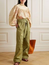 Women's Blouses Retro Floral Print Trim Stand Collar Shirt Ladies Stitching Pleated Lantern Sleeve Loose Blouse 2022 Autumn