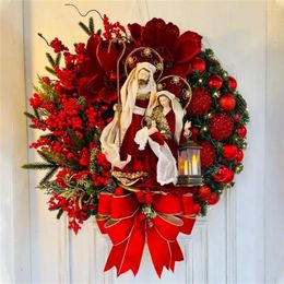 Decorative Flowers 30/40CM Sacred Christmas Jesus Wreath With Lights Artificial Hanging Ornaments Front Door Wall Decor Merry Tree
