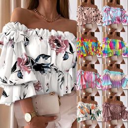 Women's T Shirts STYLISH LADY Floral Printed Shirt 2022 Autumn Women Half Sleeve Off The Shoulder Slash Neck Ruffle Club Party Tops Tees