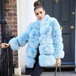 QNPQYX Eco-friendly Fox Women Fur Coat Winter Outerwear with Stand Collar Thick Warm Collar Whose Skin Faux Fur Coats for Lady