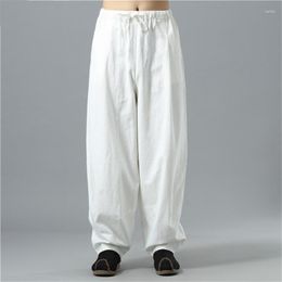 Men's Pants 2023 Autumn Large Size Wide Leg Men Casual Loose Trousers Chinese Style Cotton Linen Drawstring Joggers M-6XL White