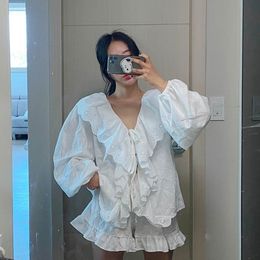 Women's Sleepwear 1 Set Big Lace V neck Pyjama Sets Tops Shorts Vintage Ladies Girls Ruffles Linen Pyjamas Set Summer Home 221202