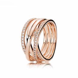 Sparkling Polished Lines Rose Gold RING with Original Box for Pandora Authentic Sterling Silver Wedding Jewelry CZ Diamond Gift Rings For Women Men