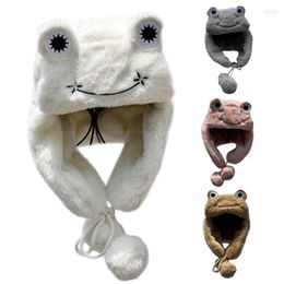 Berets Women Winter Cute Frog Eyes Fuzzy Plush Trapper Hat With Pompom Chin Strap Windproof Thermal Warm Beanies Earflap Cap