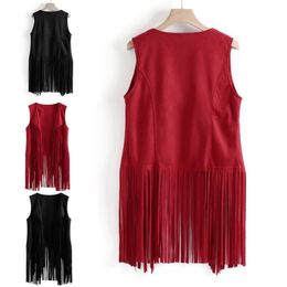 Women's Vests Women Faux Suede Ethnic Sleeveless Jacket Long Fringe Tassels 70s Hippie Open Front Cardigan Vintage Cowgirl Waistcoat Vest 221202