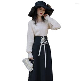 Work Dresses Fashion Ladies Suit Autumn Winter White Knitted Sweater Pullover & Waist Tie Black Skirt 2 Pcs Sets Clothing Single Sale