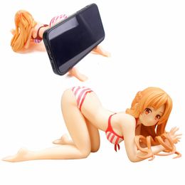 Decorative Objects Figurines Anime Sword Art Online Yuuki Asuna Sexy Girl PVC Figure Model Striped Kneeling Swimsuit Phone Holder Fans Collectible Toy Doll 221203