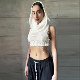 Women's T Shirts 2022 Summer Autumn Sleeveless Knitted Hooded Crop Top Women Y2k Casual Hollow Out Party Tees Knitwear Yuqung