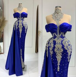 Luxury Blue Prom Dresses Rhinestones Beading Party Dresses Sheer Neck Split Custom Made Evening Dress