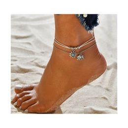 Anklets Bohemian Vintage Sier Elephant Sun Flower Threelayer Mtilayer Square Bead Anklet Foot Ornaments Retro Drop Delivery Jewellery Dhzap