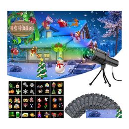 Christmas Decorations Halloween Christmas Projector Lamp Holiday Party Led Stage Light Snowflake Landscape 12 Pattern Card Flashligh Otkfi