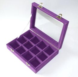Jewellery Pouches Purple 12 Grid Velvet Glass Ring Display Organiser Box Tray Holder Earrings Storage Case