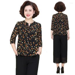 Work Dresses Fashion Women's Suits Spring Summer Women Clothing V-neck Floral Tops Wide Leg Pants 2 Pcs Sets Mother Dress 6XL 2022