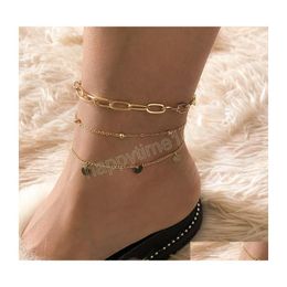 Anklets Personality Geometry Sequin Pendant Anklets Set Lady Boho Fashion Metal Copper Bead Chain Sandal Anklet Girl Beach Jewellery D Dhwlv