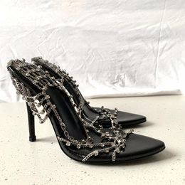 Sexy Metal Chain High Heel Sandals Women's Genuine Leather 2023 Pointed Open Toe Rhinestone High Grade Thin