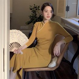 Ethnic Clothing Cheongsam Dress Chinese Traditional Fashion Costume For Women Vintage Slim Solid Color Skirt Girl Elegant Year Party Clothes