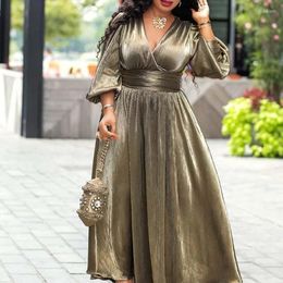 Ethnic Clothing Sexy Evening Party Dress Women African Clothes Robe Long Plus Size Solid Gold V-Neck Split High Waist Pleated Ninght