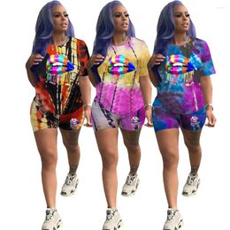 Women's Tracksuits DN8393 Ladies Casual Two-piece Summer Street Trendy Fashion Tie Dye Lip Print T-Shirt Shorts Sports Suit Women