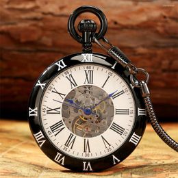 Pocket Watches Black Copper Automatic Mechanical Watch Elegant Blue Analog Roman Numerals Display Open Face Self Winding Antique Clock