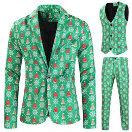 Men's Suits Blazers 3 Pieces Sets Men Vest Jackets Pants Christmas Printed Male Performances Sets Green Part Coustumes 221201