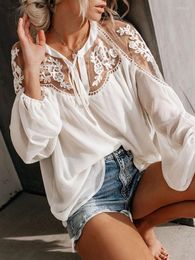 Women's Blouses Women's Lace Top Shirt Patchwork Office Long Sleeve Blouse Summer Fall Ladies Elegant Chiffon Sexy White Casual Tops