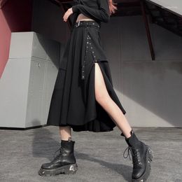 Skirts Black Vintage Gothic Skirt Women Korean Pockets Party Long Y2k Female High Street Design Sashes Split Victorian 2022