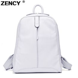 School Bags ZENCY Women 100% Full Grain Genuine Cow Leather White Blue Beige Pink Yellow Backpacks Ladies Schoolbag Teenagers Cowhide Bag 221203