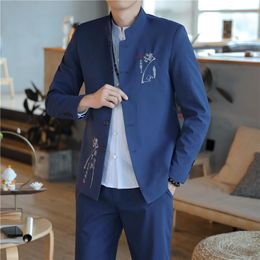 Men's Suits Blazers 2 Pcs Set Suit Jacket Pants Fashion Slim Casual Business Linen Stand Up Collar Coat Stretch Waist 221202