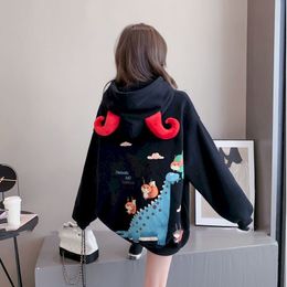 Women's Jackets Autumn Winter Hoodies Korean Plus Velvet Thick Hooded Student Loose Cartoon Calf Horn Kawaii Hoodie 221201