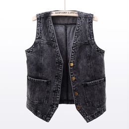 Women's Vests Summer Korean Big Pocket Short Denim Vest Women Vintage Black Waistcoat Sleeveless Jacket Casual Loose Jeans Vests Female 5XL 221202