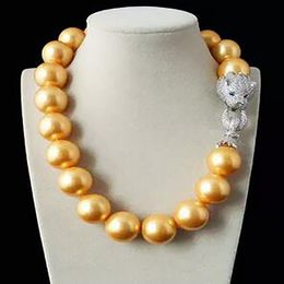 Natural 20mm golden yellow shell pearl inlay zircon leopard head LUXURY necklace