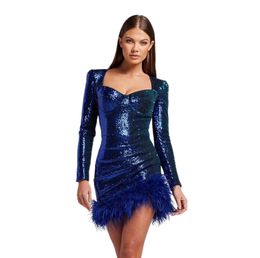 Autumn Winter Women Party Dresses Sexy Bodycon Clubwear Sequined Feather Long Sleeve Ostrich Fur Mini Dress Fashion