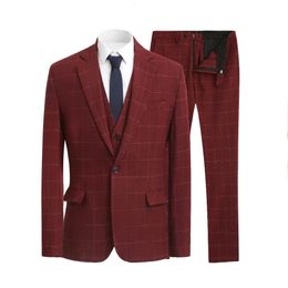 Men's Suits Blazers Burgundy Mens Plaid Suit 3 Piece Tweed Tuxedos Blazer Formal Business Groomsmen For Wedding Blazer Vest Pants 221202