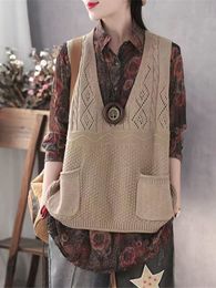 Women's Vests Korean Fashion Vintage Sweater Vest Women Solid Colour V Neck Sleeveless Knitted Tops Waistcoats Loose Oversize Pullovers PZ4273 221202