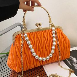 Evening Bags Women's Fashion Orange Green Shoulder Ferry Clutch Pearl Chain Crossbody Elegant Boxes Pu Leather And