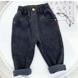 Jeans chłopcy ubrania dżinsowe spodnie swobodny kolorowe kolory polarowe spodnie termiczne nadmierne maluch dzieci zima 36mm bawełna chłopca 221203