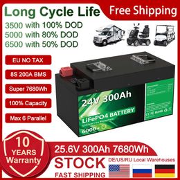 LiFePO4 24V 300Ah 200Ah 100Ah Battery Pack 6000 Cycles 25.6V 7680Wh 8S 200A BMS RV Golf Cart Rechargeable Lithium Battery No Tax