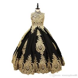 Vintage Black And Gold Girls Pageant Dresses Ball Gown High Neck Keyhole Back Lace Applique Crystal Corset Back Children Birthday Kids