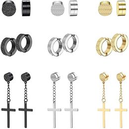 Backs Earrings 9 Pairs Stud Stainless Steel Magnet Mens Clip On Non Piercing Cross Unisex CZ Hoop Dangle Frosted