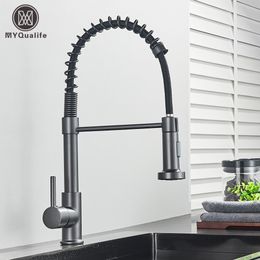 Kitchen Faucets Silver Gray Sink Faucet One Handle Spring and Cold Water Tap Deck Mounted Bathroom Matte black Crane 221203