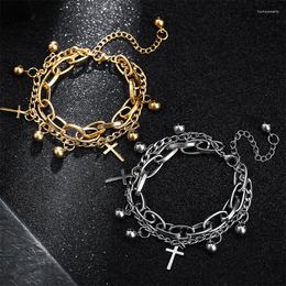 Link Bracelets Stainless Steel Double-layer Cross Pendant Bracelet For Women Trending Punk Metal Chain Jewellery Gift