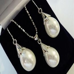 New style Natural noble jewelry 12x16mm Drop White Akoya Cultured Shell Pearl Necklace Earring Set 17" AAA