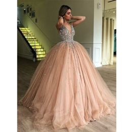 Champagne Evening Dresses Sexy V-Neck Beading Ball Gown Prom Dress Tulle Islamic Dubai Kaftan Saudi Arabic Formal Party Gowns