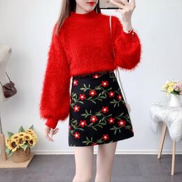 Work Dresses 2022 Women Autumn Winter Fashion Woollen Skirt Sets Lady Knit Sweater Printing Mini Set Female Slim Casual 2 Piece F30