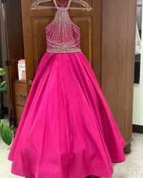 Little Miss Pageant Dress for Teens Junior Toddler 2023 Beading AB Stones Crystal Long Girl Pageant Gown Formal Party Runway Red Carpet ritzee Fuchsia Taffeta Halter