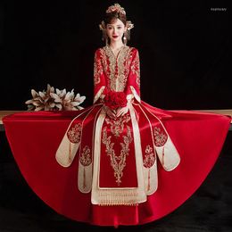 Ethnic Clothing Improve V-Neck Exquisite Sequins Embroidery Bride Wedding Dress Elegant Mandarin Collar Chinese Women Men Marriage Cheongsam