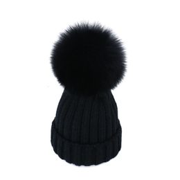 Caps Hats Luxury Mom Kids Winter Knited Hat With Real Fur Adult Children Snow Wear Warm for Girls Boys 221203
