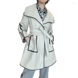 Women's Leather Sheepskin Genuine Trench Coat Women Lapel Collar Belted Loose Fit Mid Long Real Jacket Runway Windbreaker