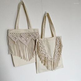 Evening Bags Women Shoulder Bag Cotton Linen Tote With Woven Crochet Tassels For Daily Life School Travel White