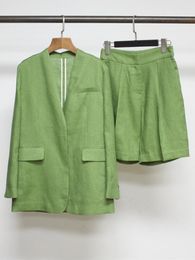 Women's Suits 2022 Women's V-Neck Blazer And Casual Shorts Ladies Grass Green Linen Long Sleeve Single Button Jacket Straight Suit